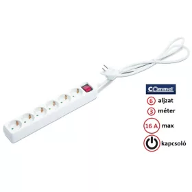   Commel Elosztó - Hosszabbító - 6 aljzat, 3 méter, 16A, kapcsolóval - 0837