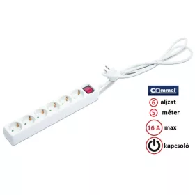   Commel Elosztó - Hosszabbító - 6 aljzat, 5 méter, 16A, kapcsolóval - 0839