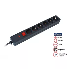   Commel Elosztó - Hosszabbító túlfeszültség-védelemmel - 6 aljzat, 1.5 méter, 16A, kapcsolóval - 380-105