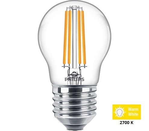 Philips E27 6,5W (60W) 2700K - meleg fehér kisgömb filament LED