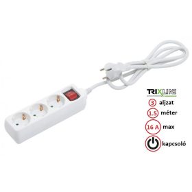   Trixline Elosztó - Hosszabbító - 3 aljzat, 1.5 méter, 16A, kapcsolóval - TR801S