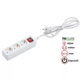   Trixline Elosztó - Hosszabbító - 3 aljzat, 1.5 méter, 16A, kapcsolóval - TR801S