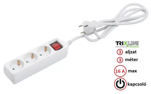 Trixline Elosztó - Hosszabbító - 3 aljzat, 3 méter, 16A, kapcsolóval - TR807S