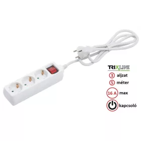   Trixline Elosztó - Hosszabbító - 3 aljzat, 5 méter, 16A, kapcsolóval - TR813S