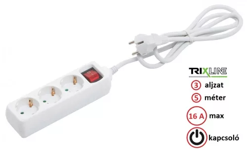 Trixline Elosztó - Hosszabbító - 3 aljzat, 5 méter, 16A, kapcsolóval - TR813S