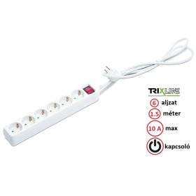   Trixline Elosztó - Hosszabbító - 6 aljzat, 1.5 méter, 10A, kapcsolóval - TR821S