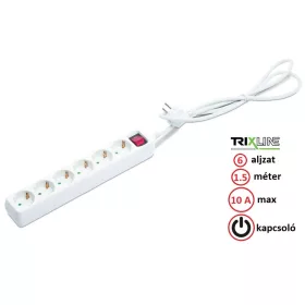   Trixline Elosztó - Hosszabbító - 6 aljzat, 1.5 méter, 10A, kapcsolóval - TR821S