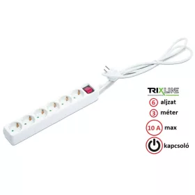   Trixline Elosztó - Hosszabbító - 6 aljzat, 3 méter, 10A, kapcsolóval - TR823S